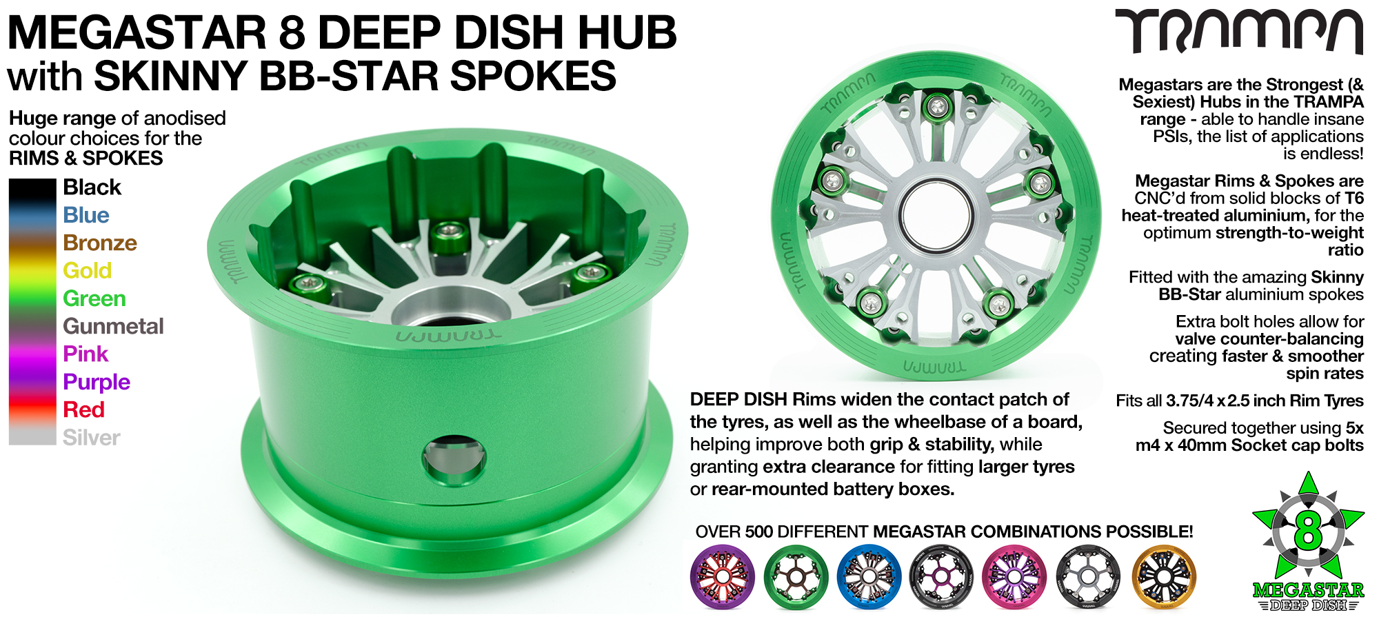 Deep-Dish MEGASTAR 8 Hubs - 3.75 x 2.5 Inch - Fits Pneumatic tyres up to 8 Inches in outer diameter