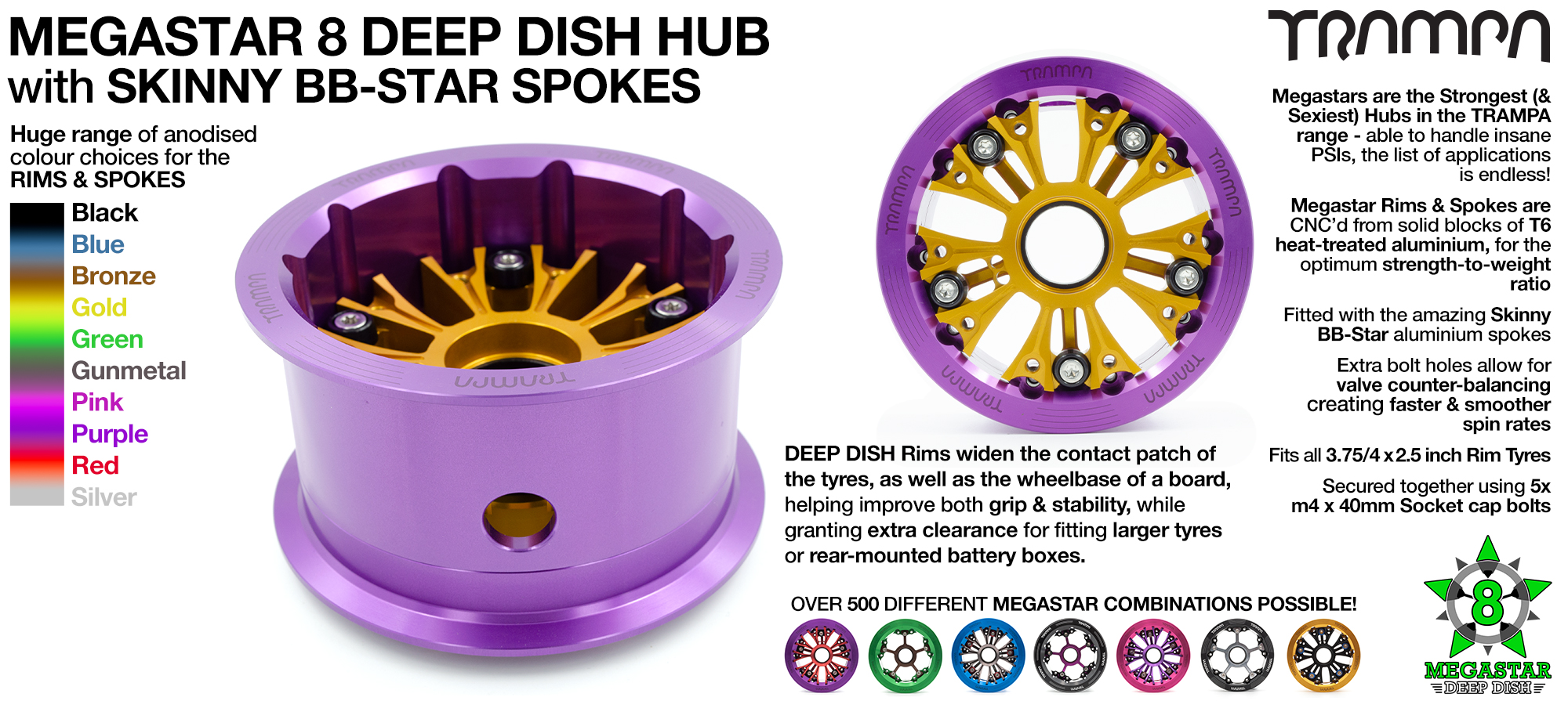 Deep-Dish MEGASTAR 8 PURPLE 3.75 x 2.5 Inch - Fits Pneumatic tyres up to 8 Inches in outer diameter 