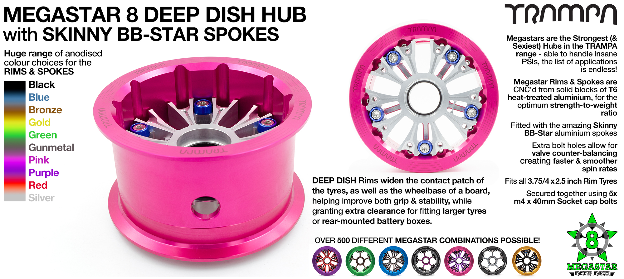 Deep-Dish MEGASTAR 8 PINK 3.75 x 2.5 Inch - Fits Pneumatic tyres up to 8 Inches in outer diameter fits with all of TRAMPA's