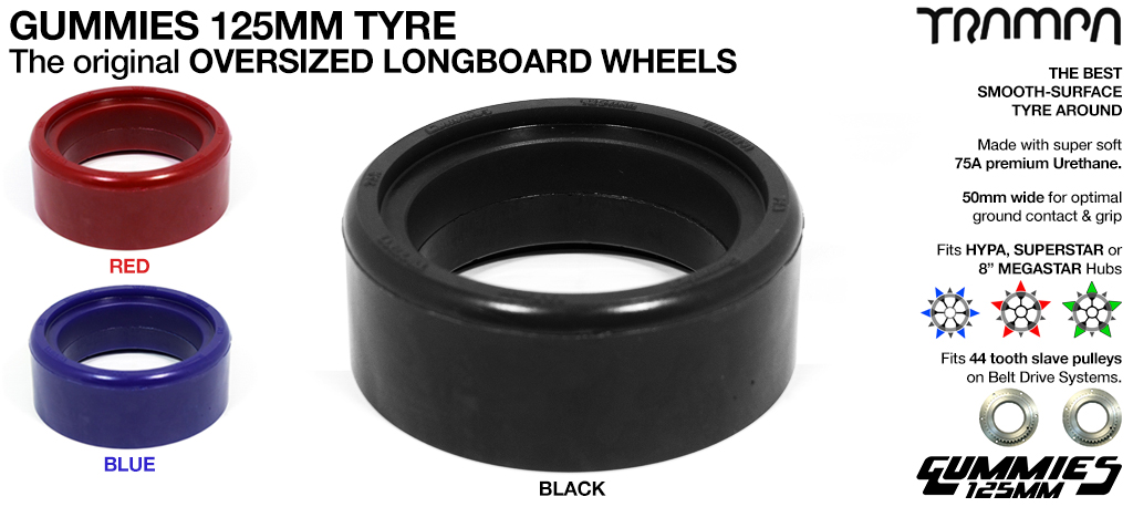 GUMMIES 5 Inch Tyre - The Worlds largest Longboard wheel fixes to Any of the TRAMPA HYPA, SUPERSTAR & 8 Inch MEGASTAR Hubs - Set of 4