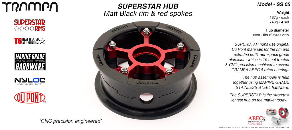 SUPERSTAR Hub 3.75 x 2 Inch - Matt Black Rim with Red anodised Spokes & Marine Grade Stainless Steel Bolt kit