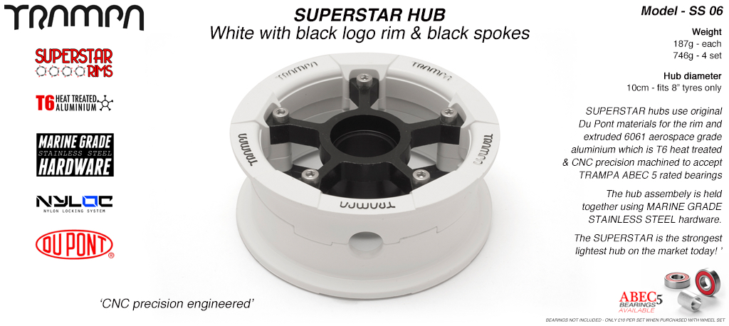 SUPERSTAR Hub 3.75 x 2 Inch - White Gloss & Black logo Rim with Black anodised Spokes & Marine Grade Stainless Steel Bolt kit