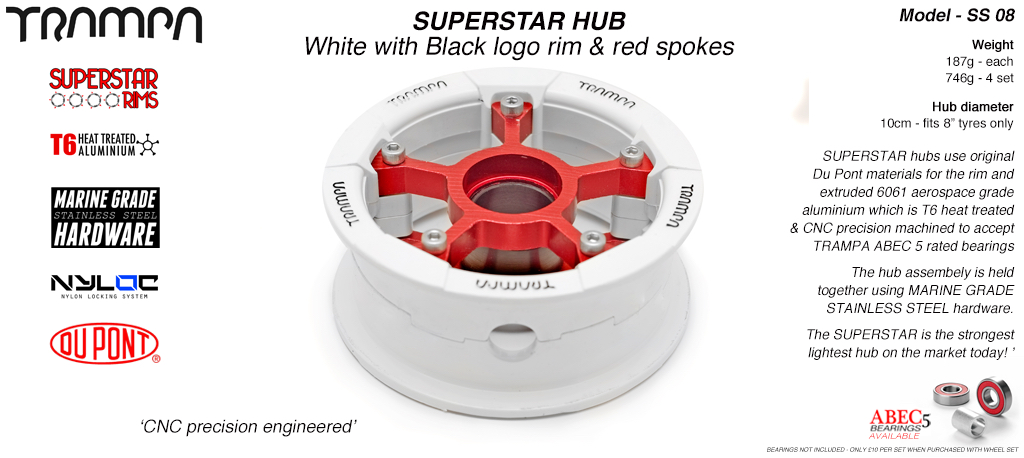 SUPERSTAR Hub 3.75 x 2 Inch - White Gloss & Black logo Rim with Red anodised Spokes & Marine Grade Stainless Steel Bolt kit
