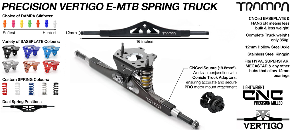 CNC Precision VERTIGO ATB Mountainboard TRUCK - 16.5 Inch Wide with 12mm Hollow Steel Axles - 19.5mm Motor Mounts fix points