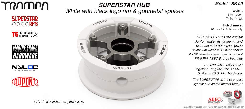 SUPERSTAR Hub 3.75 x 2 Inch - White Gloss & Black logo Rim with Gunmetal anodised Spokes & Marine Grade Stainless Steel Bolt kit
