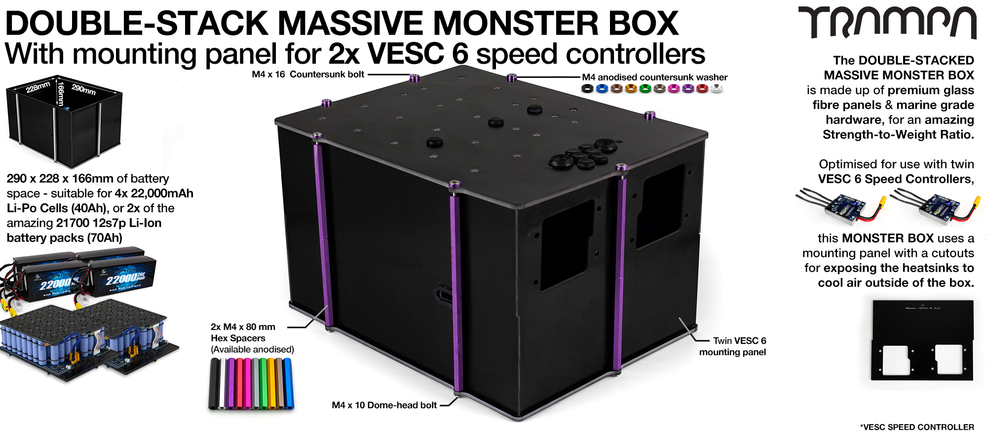 2WD DOUBLE STACK Mk III MASSIVE MONSTER Box with 2x VESC 6 Mounting Panel