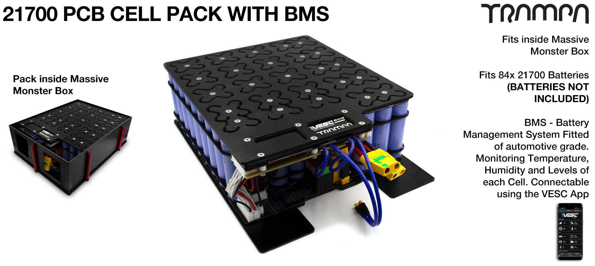 21700 12s7p PCB Cell Pack with BMS fits into the MASSIVE MONSTER box - Holds 84x 21700 cells 12s7p & gives up to 35A of range! 