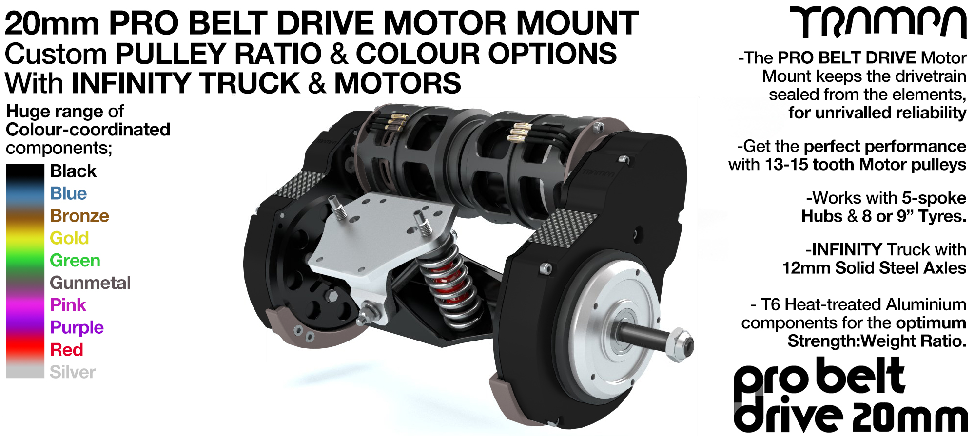 20mm PRO BELT DRIVE Motor Mounts MOTORS, PULLEYS & Motor PROTECTION FILTERS mounted on a CNC TRUCK 