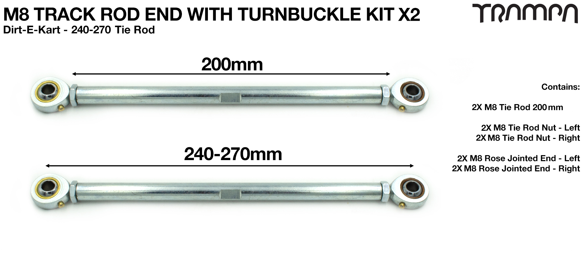 Rose Jointed M8 Track Rod End with Turnbuckle Adjustment 240-270mm x2