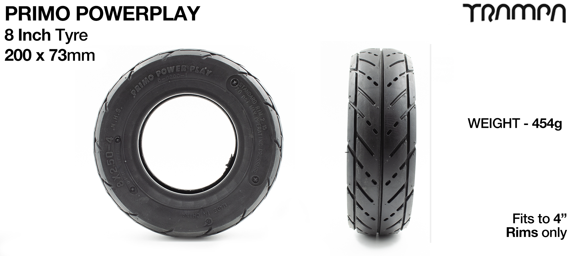 PRIMO POWERPLAY 8.5 Inch Tyre measure 4x 2.5x 8.5 Inch or 220x75mm with 4 inch rim fits all 4 inch Hubs 