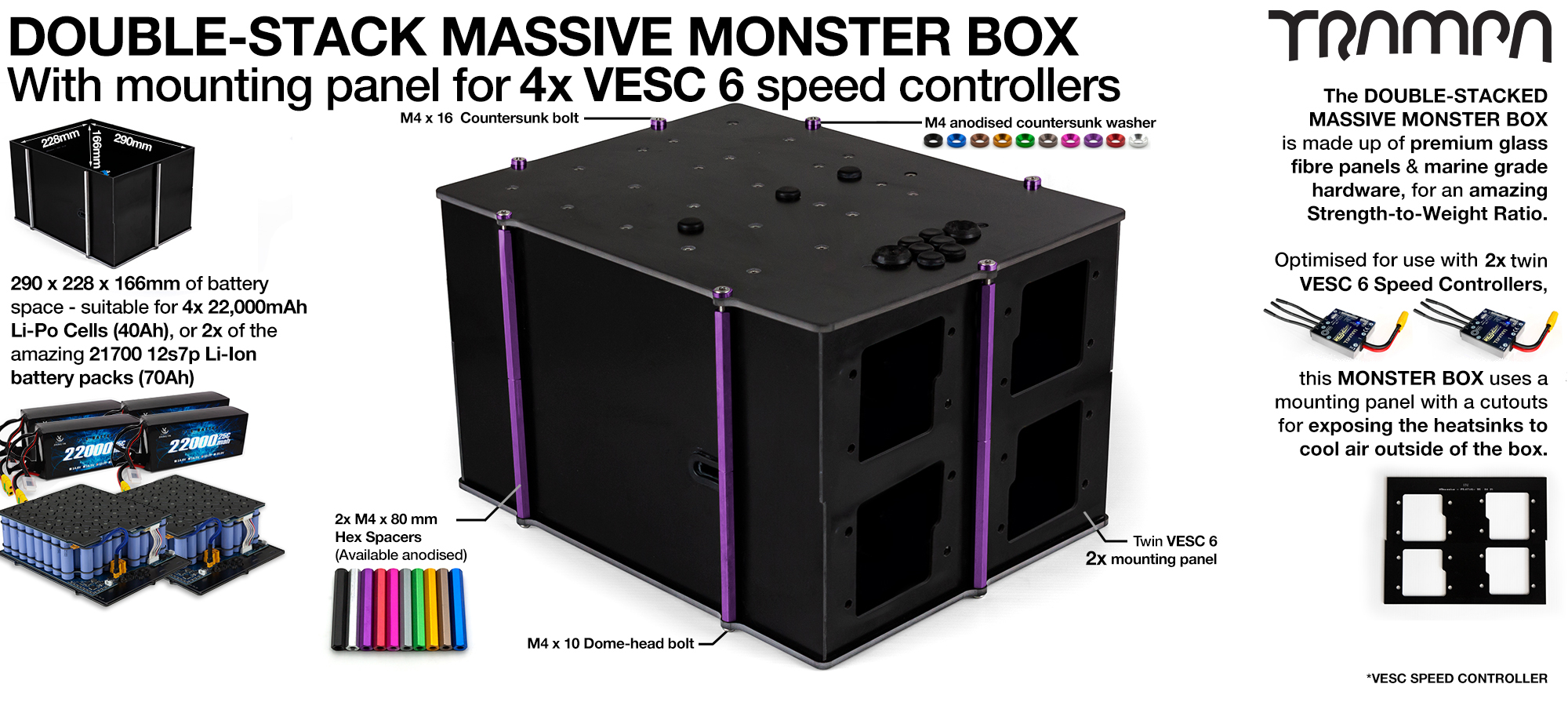 4WD DOUBLE STACK Mk III MASSIVE MONSTER Box with 1x 4 VESC 6 Mounting Panel