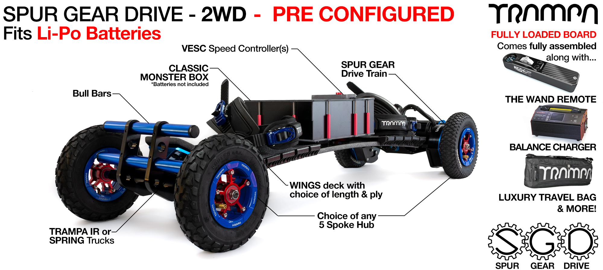 12s VESC 6 HP 2WD Spur Gear Drive Electric Mountainboard - Red & Blue BUY NOW 1