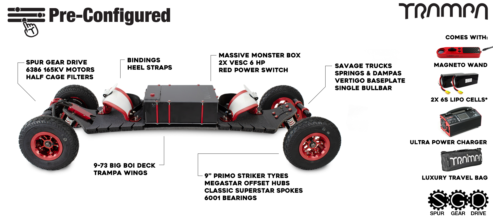 Pre-Configured - Spur Gear Drive Electric Mountainboard - Savage Trucks, Massive Monster Box & Megastars - Red & White