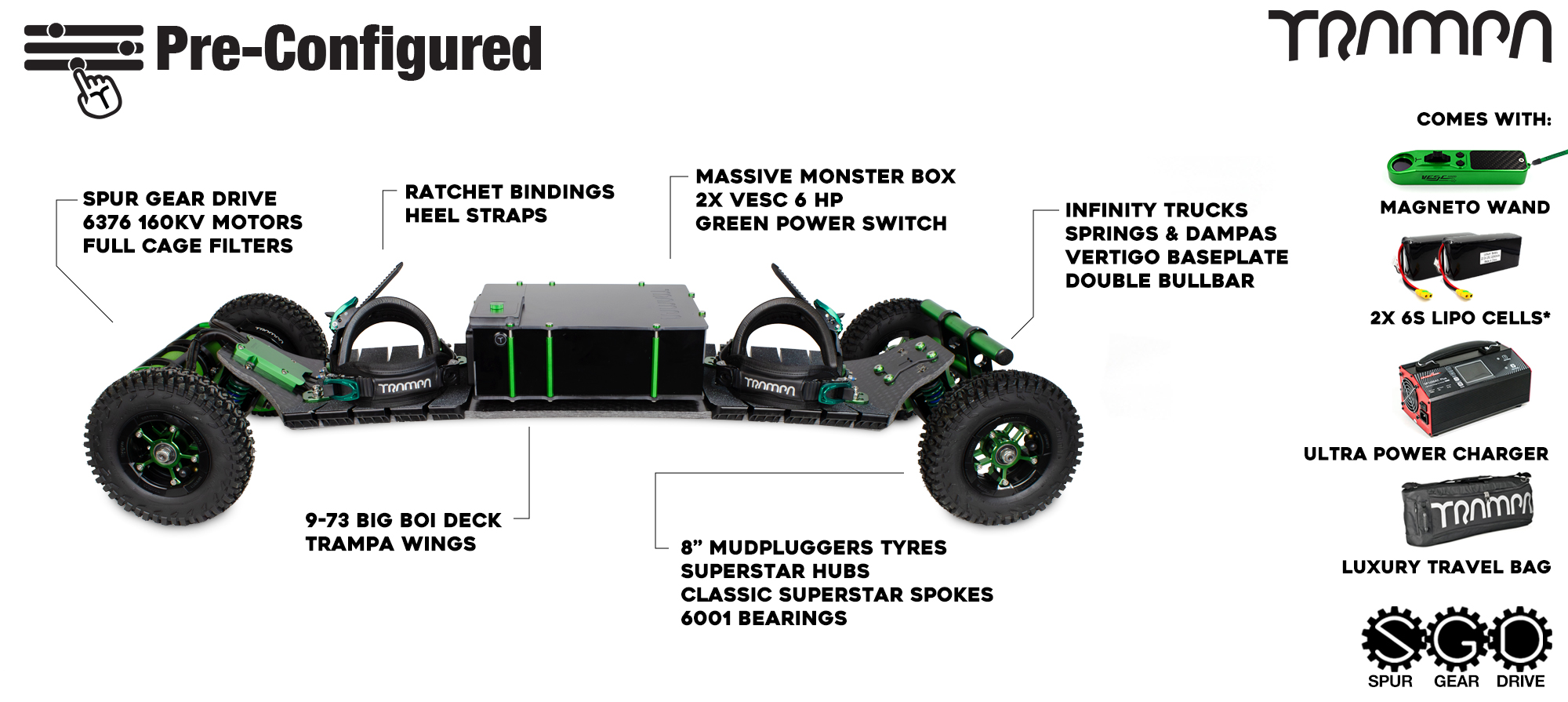 Pre-Configured - Spur Gear Drive Electric Mountainboard - Infinity Trucks, Massive Monster Box & Superstar - Green