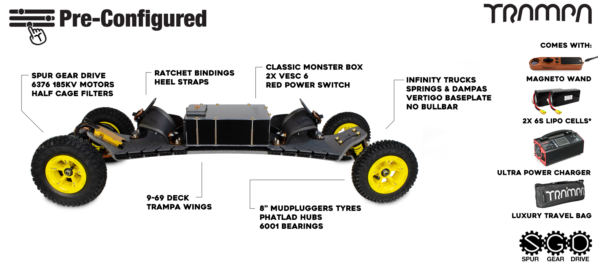 Pre-Configured - Spur Gear Drive Electric Mountainboard - Infinity Trucks, Classic Monster Box & Phatlads - Yellow & Bronze