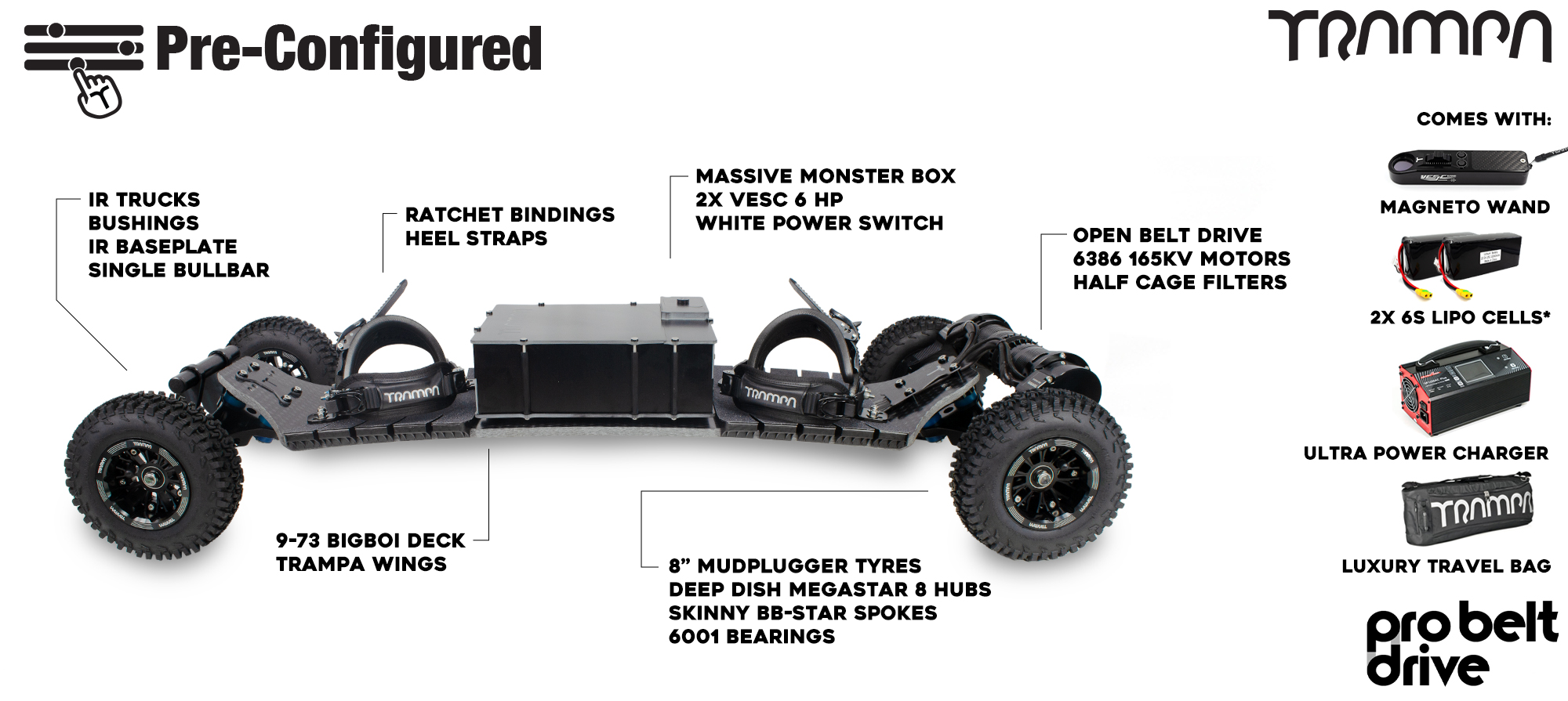 Pre-Configured - Pro Belt Drive Electric Mountainboard - IR Trucks, Massive Monster Box & Megastars - Black