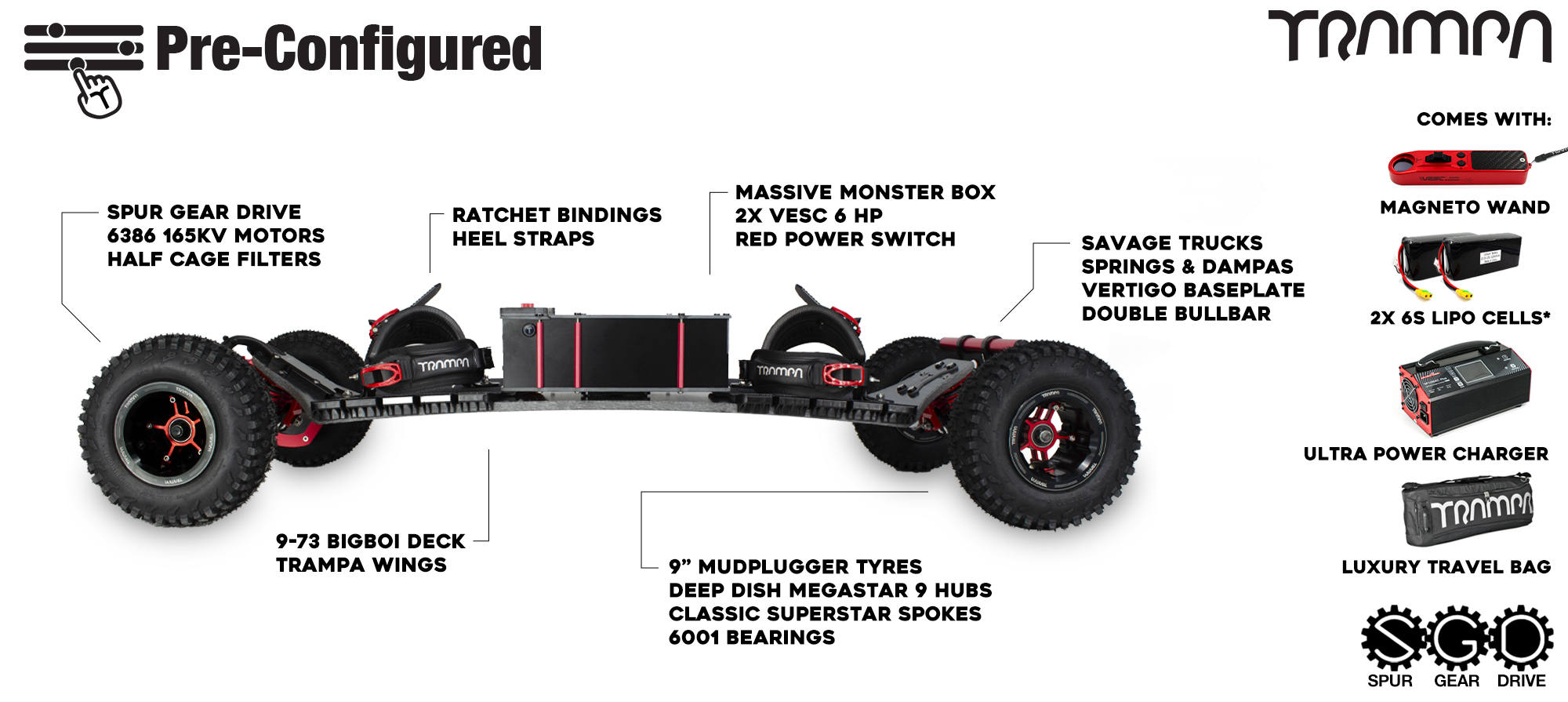 Pre-Configured - Spur Gear Drive Electric Mountainboard - Savage Trucks, Massive Monster Box & Megastars - Red & Black