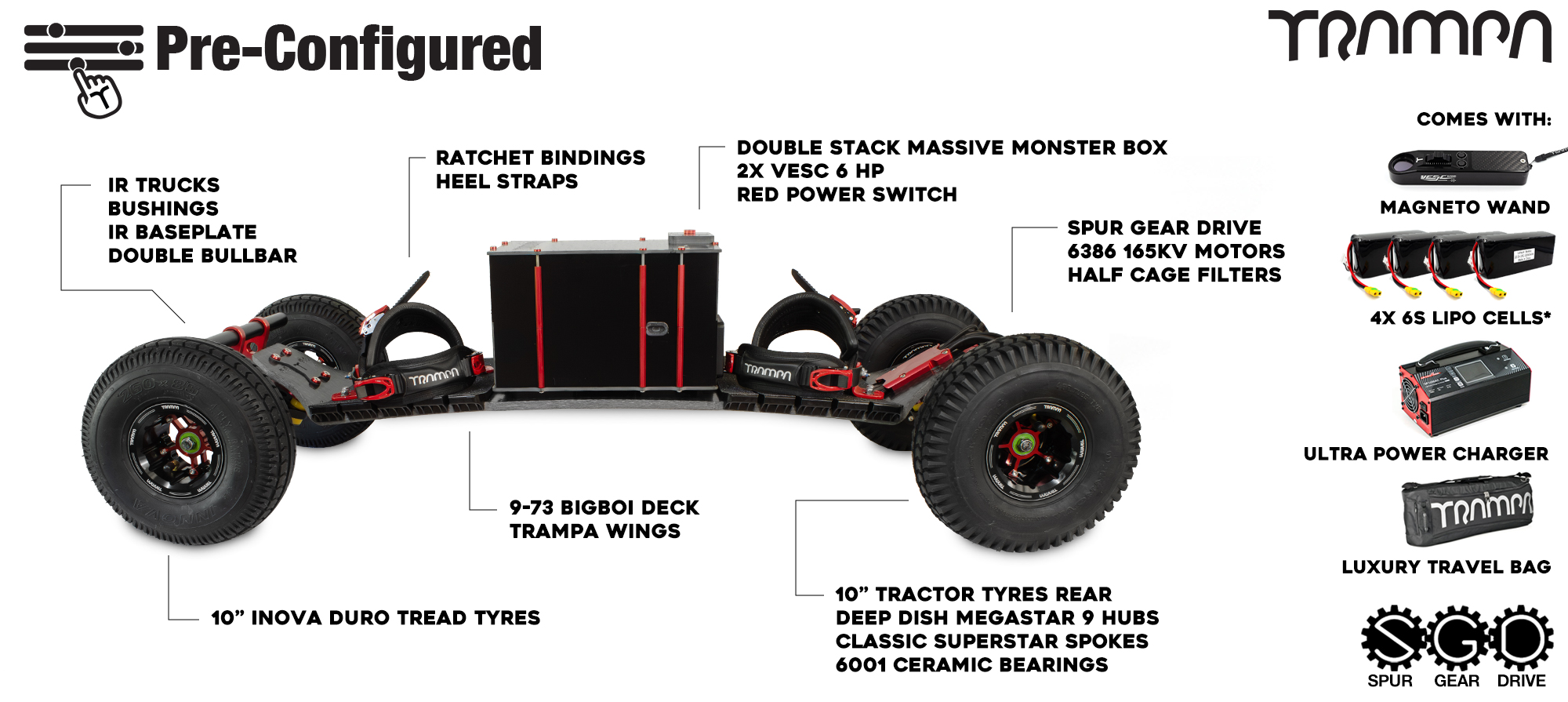 Pre-Configured - Spur Gear Drive Electric Mountainboard - IR Trucks, Double Stack Massive Monster Box & Megastar - Red