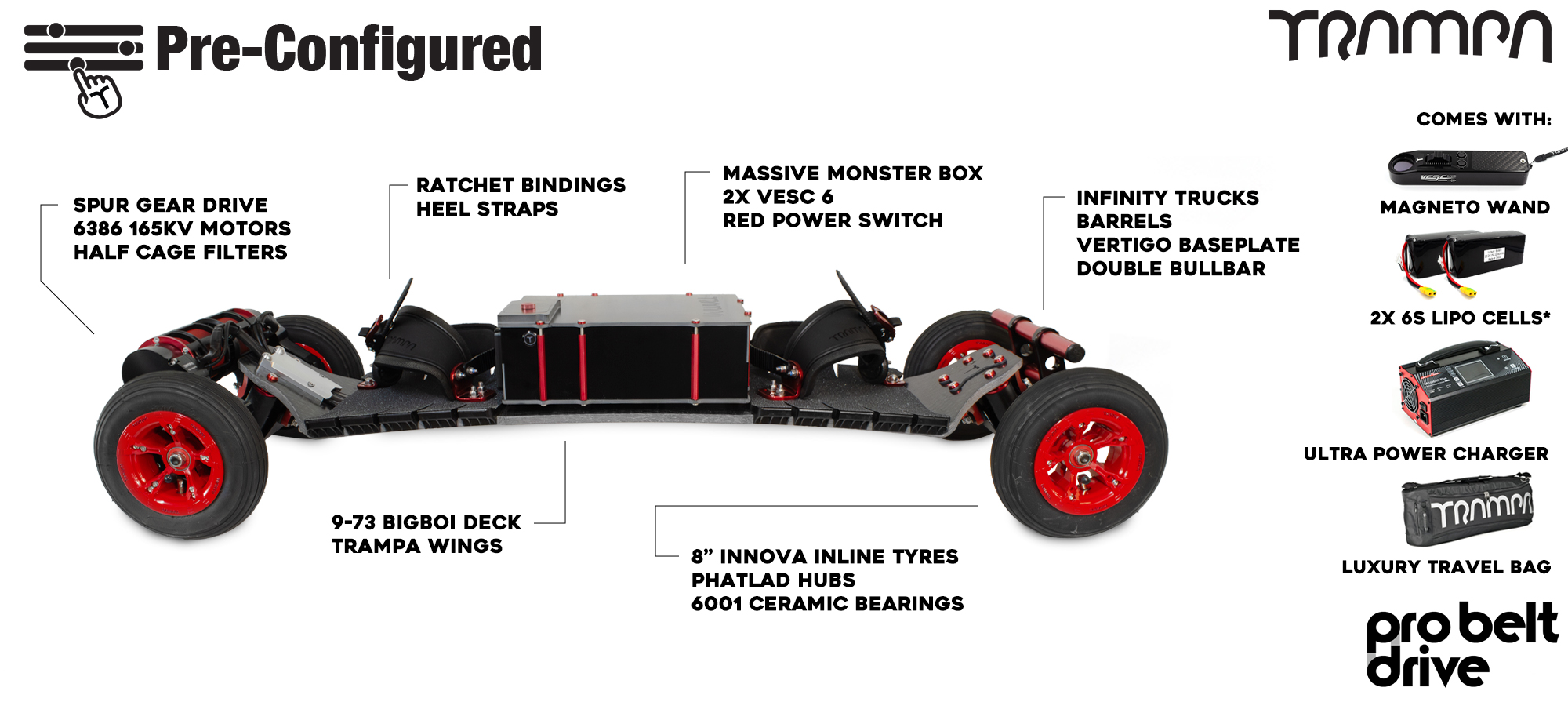 Pre-Configured - Pro Belt Drive Electric Mountainboard - Infinity Trucks, Massive Monster Box & Phatlads - Red