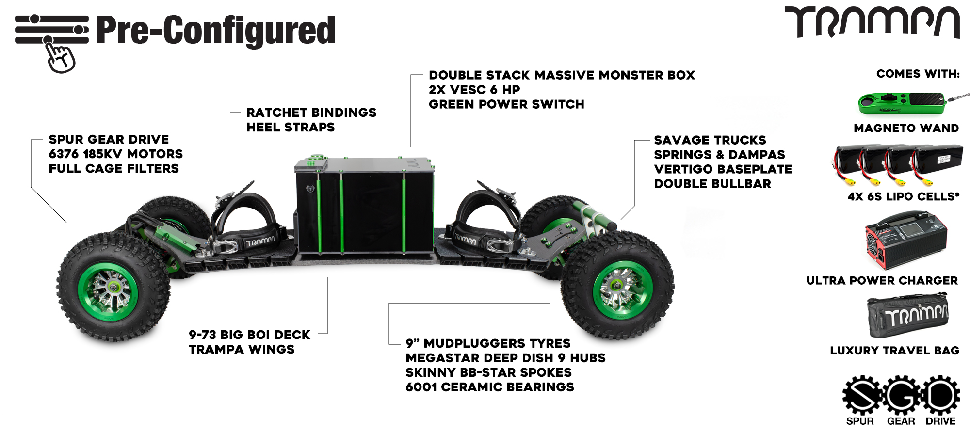 Pre-Configured - Spur Gear Drive Electric Mountainboard - Savage Trucks, Double Stack Massive Monster Box & Megastar - Green & Silver