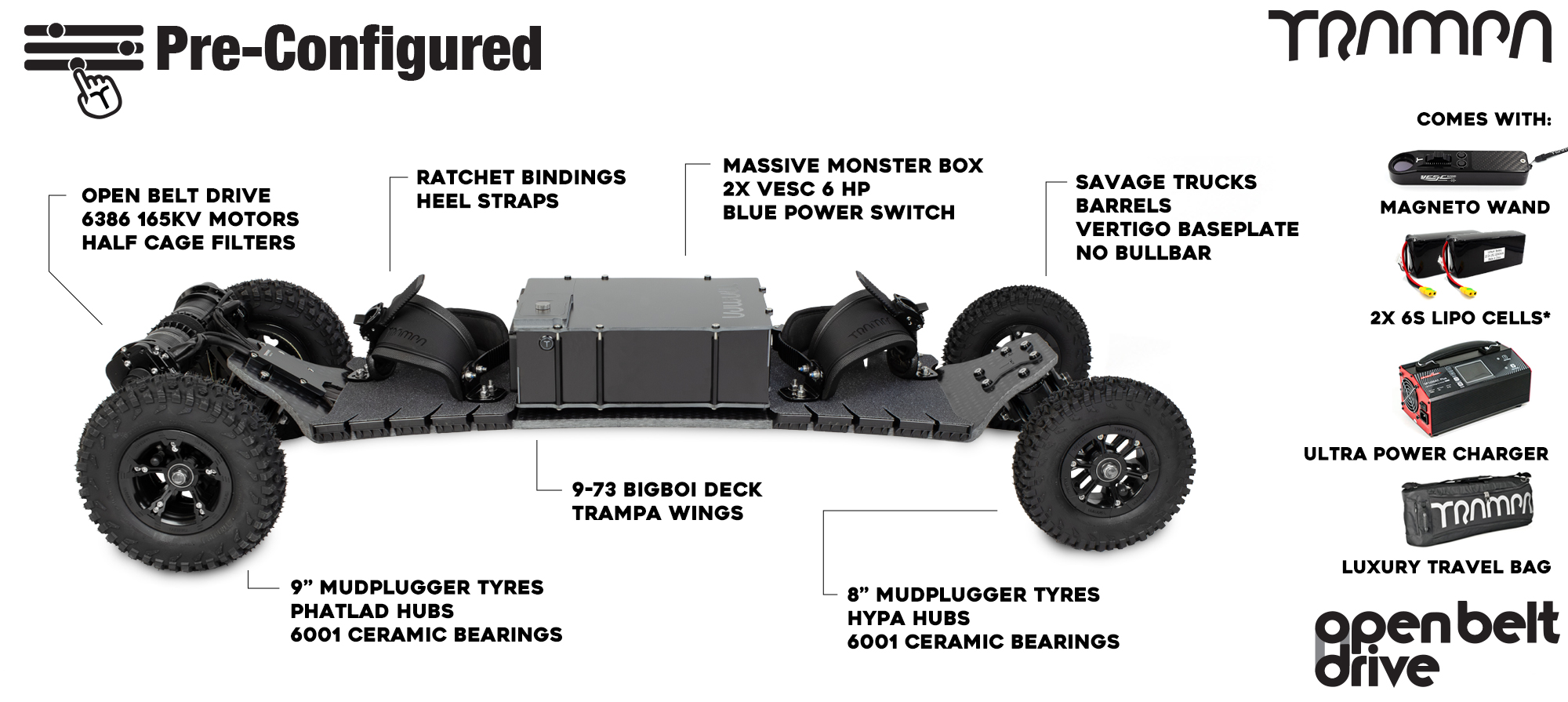 Pre-Configured - Open Belt Drive Electric Mountainboard - Savage Trucks, Massive Monster Box & Mudpluggers - Black