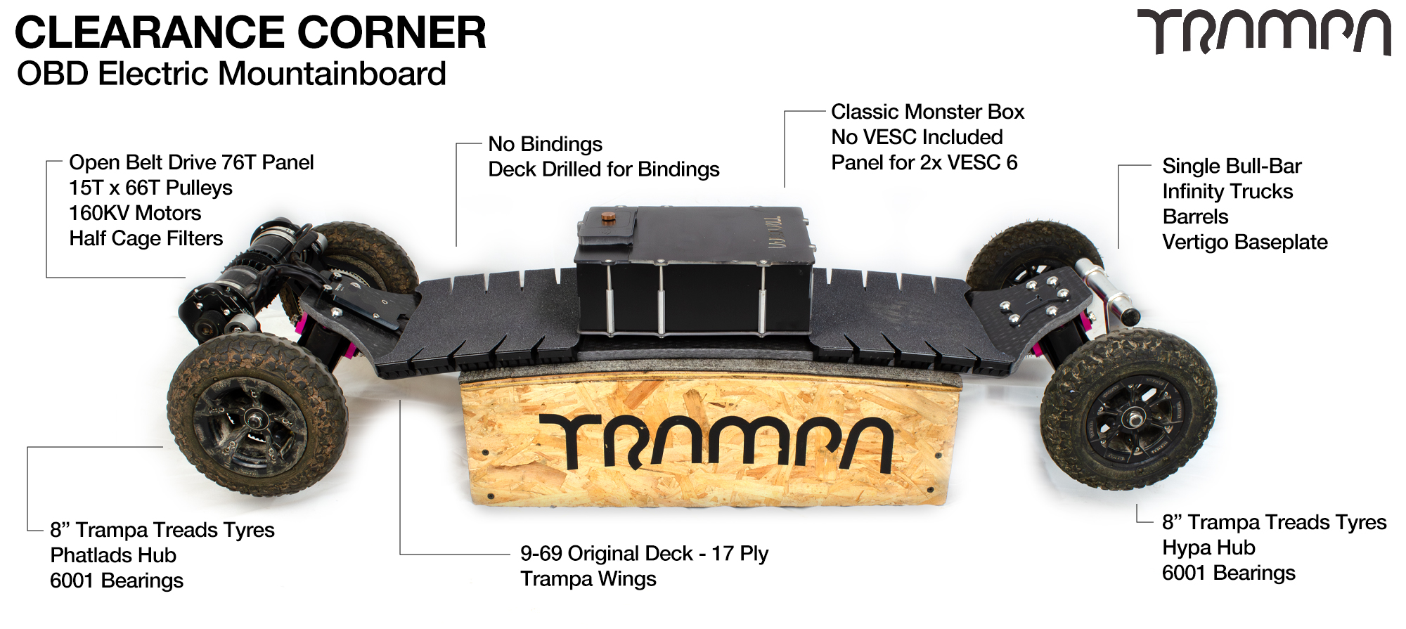 Clearance Electric Mountainboard - 17ply 9/69 Original Deck with Wings, Infinity Trucks and Single Bullbar, Classic Monster Box, Open Belt Drive 15/69 160kv Motors, Phatlad & Hypa Wheels with 8 inch Tread Tyres