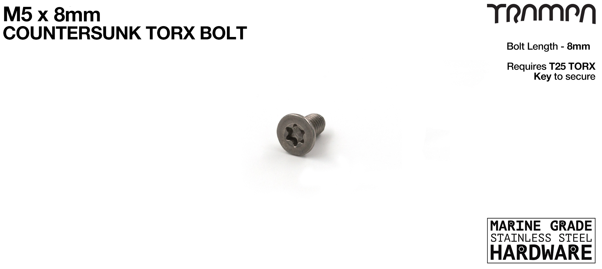 M5 x 8mm TORX Countersunk Bolt - Marine Grade Stainless steel with TORX Fitting 