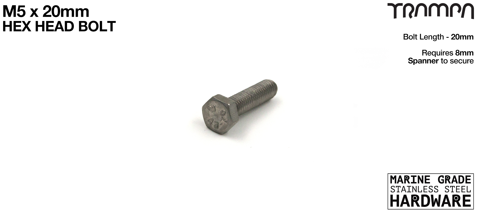 M5 x 20mm Regular Hex Head Bolt - Marine Grade Stainless steel with locking paste