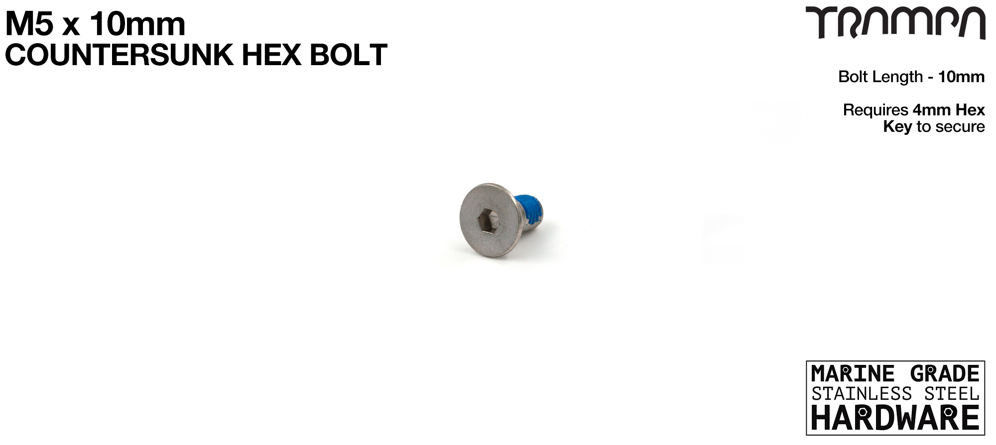M5 x 10mm Countersunk Allen-Key Bolt - Marine Grade Stainless steel with locking paste