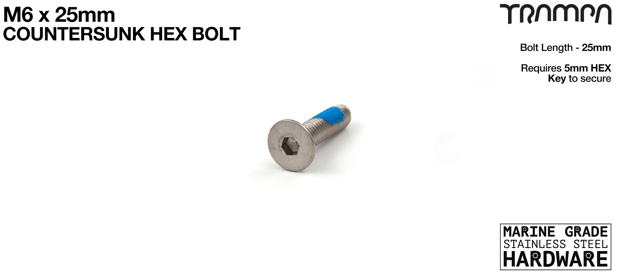 M6 x 25mm Countersunk Allen-Key Bolt - Marine Grade Stainless steel with locking paste