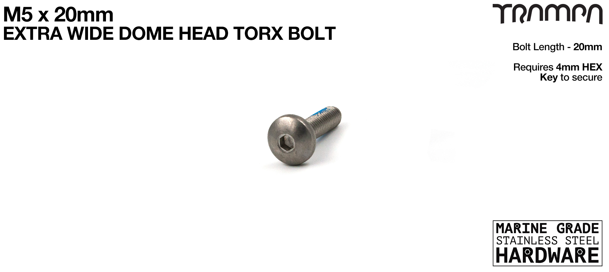 M5 x 20mm EXTRA WIDE Dome head Allen-Key Bolt - Marine Grade Stainless steel with locking paste
