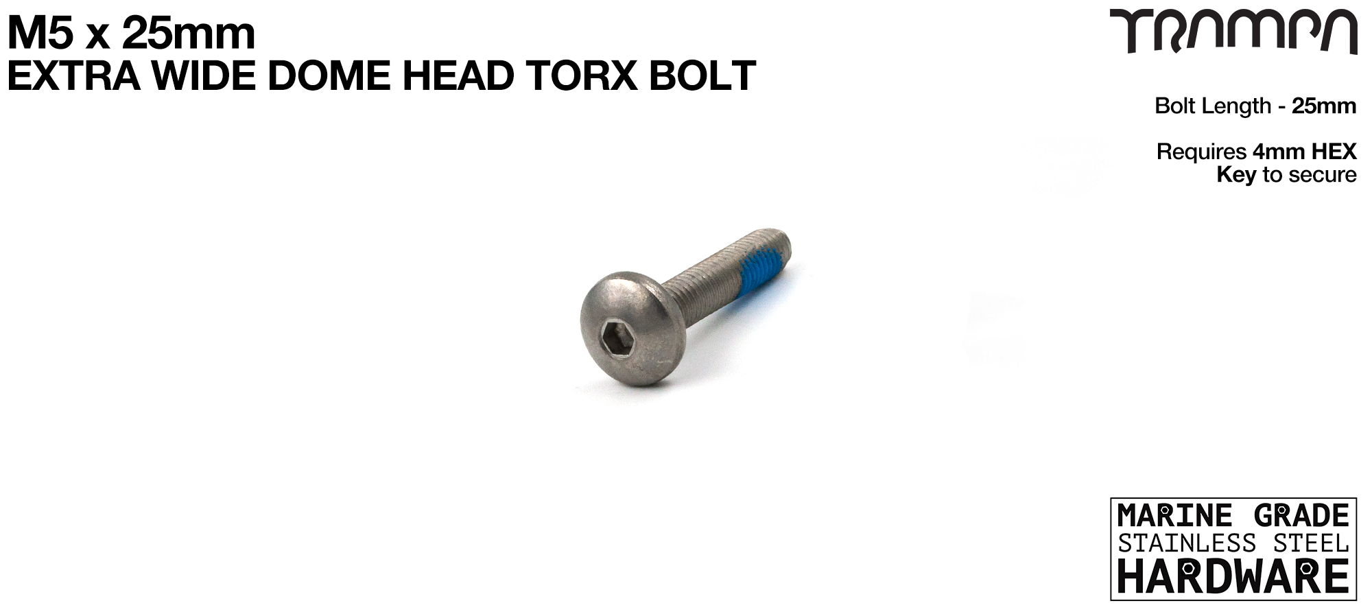 M5 x 25mm EXTRA WIDE Dome head Allen-Key Bolt - Marine Grade Stainless steel with locking paste used for fixing Heel Straps to Bindings
