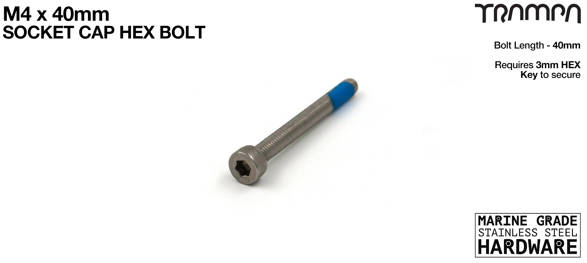 M4 x 40mm Socket Capped Allen-Key Bolt - Marine Grade Stainless steel with locking paste