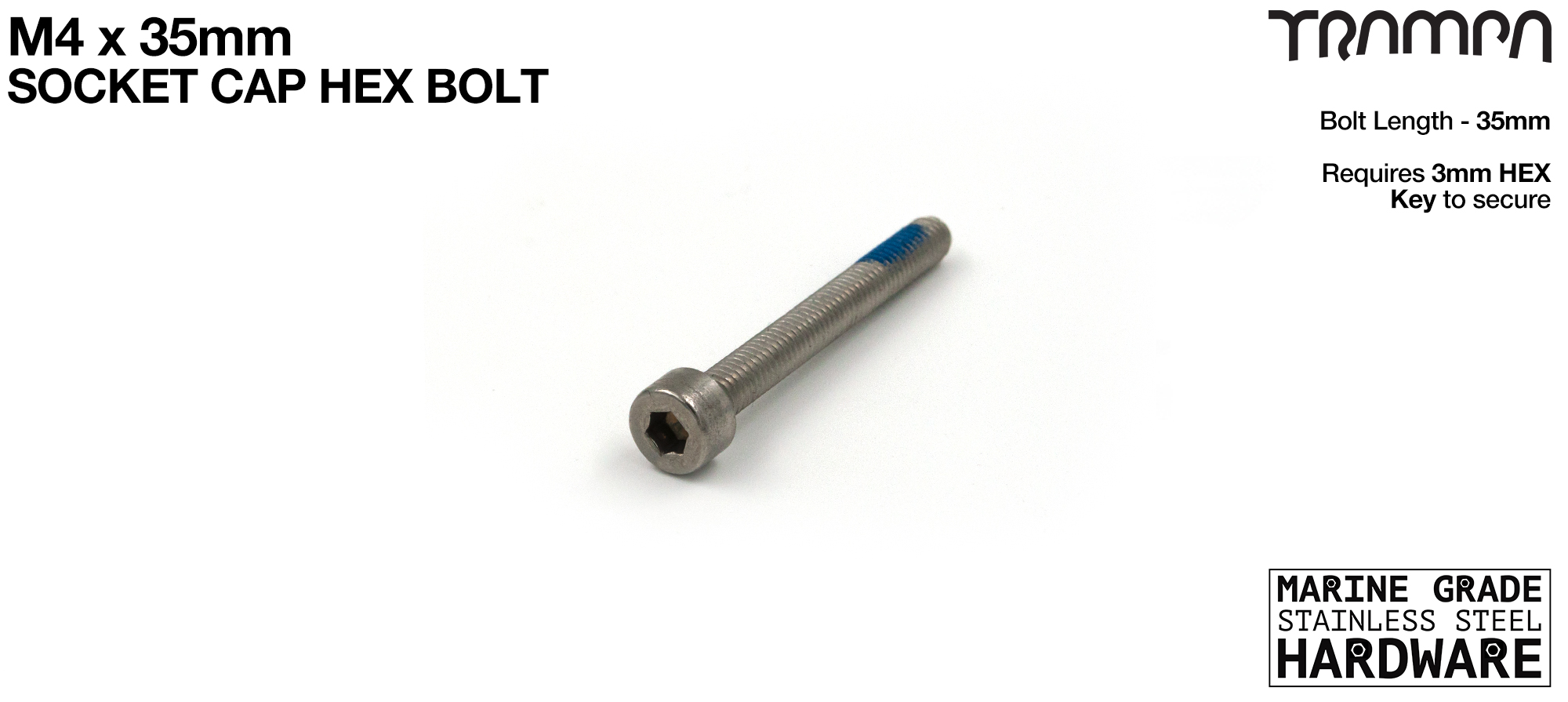 M4 x 35mm Socket Capped Allen-Key Bolt - Marine Grade Stainless steel with locking paste