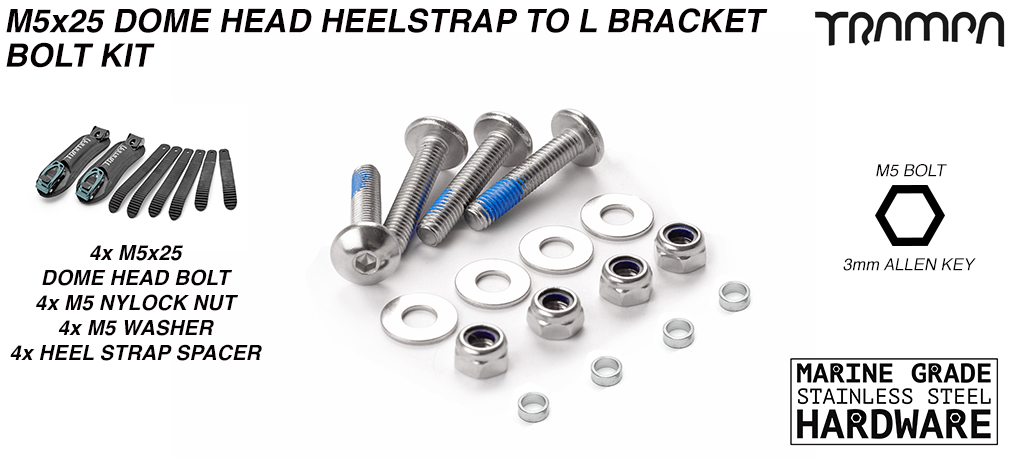 M5 x 25mm Marine Grade Stainless Steel Extra Wide Dome Head Bolt kit - for connecting Heel Strap to Bindings
