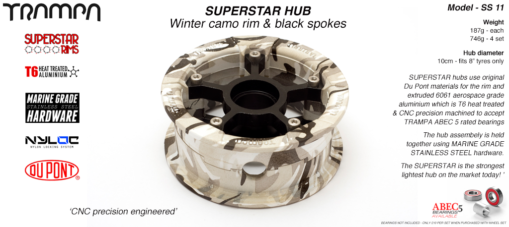 SUPERSTAR Hub 3.75 x 2 Inch - Winter Camo Rim with Black anodised Spokes & Marine Grade Stainless Steel Bolt kit