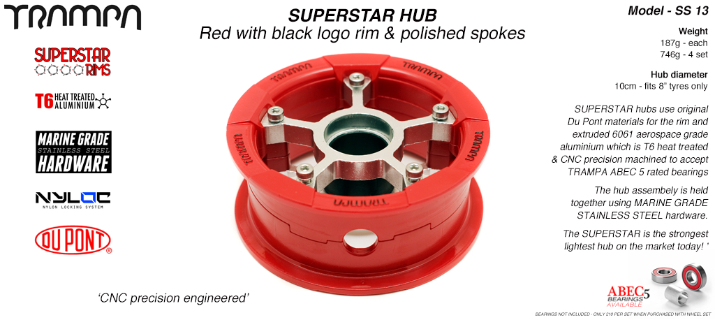SUPERSTAR Hub 3.75 x 2 Inch - Red Gloss & Black logo Rim with Silver anodised Spokes & Marine Grade Stainless Steel Bolt kit