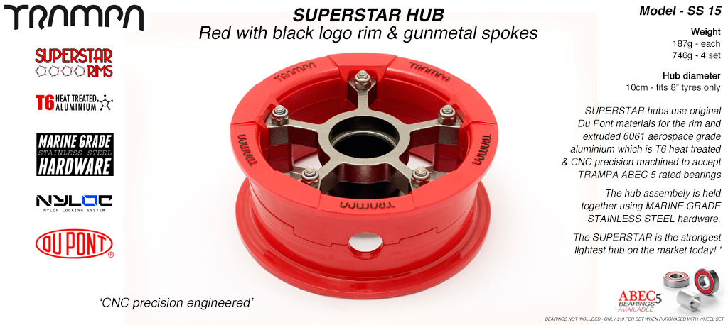 SUPERSTAR Hub 3.75 x 2 Inch - Red Gloss & Black logo Rim with Gunmetal anodised Spokes & Marine Grade Stainless Steel Bolt kit