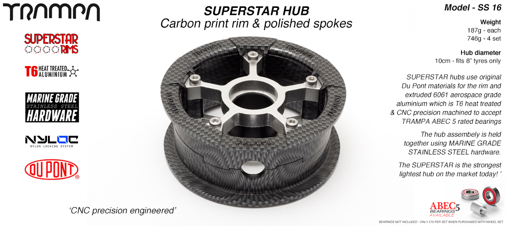SUPERSTAR Hub 3.75 x 2 Inch - Carbon print Rim with Silver anodised Spokes & Marine Grade Stainless Steel Bolt kit