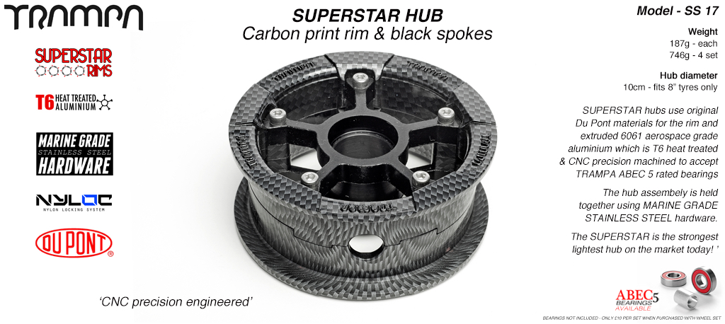 SUPERSTAR Hub 3.75 x 2 Inch - Carbon print Rim with Black anodised Spokes & Marine Grade Stainless Steel Bolt kit