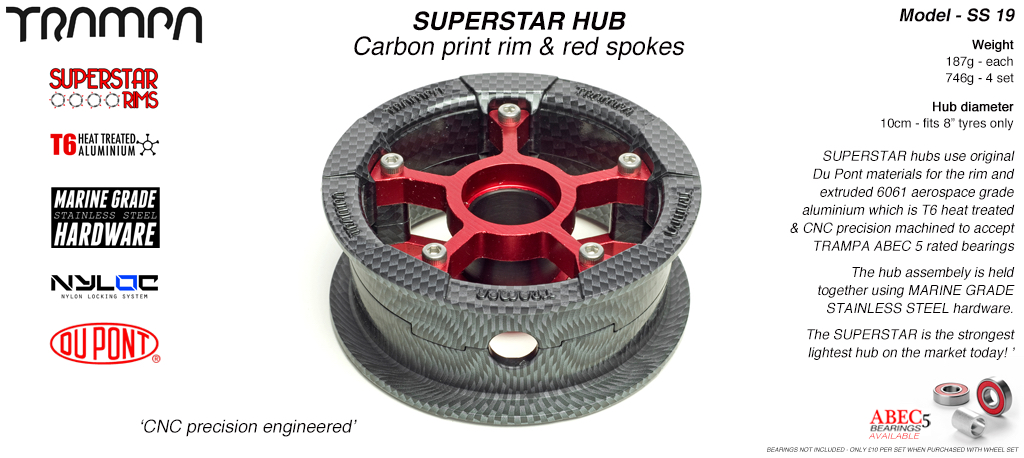 SUPERSTAR Hub 3.75 x 2 Inch - Carbon print Rim with Red anodised Spokes & Marine Grade Stainless Steel Bolt kit