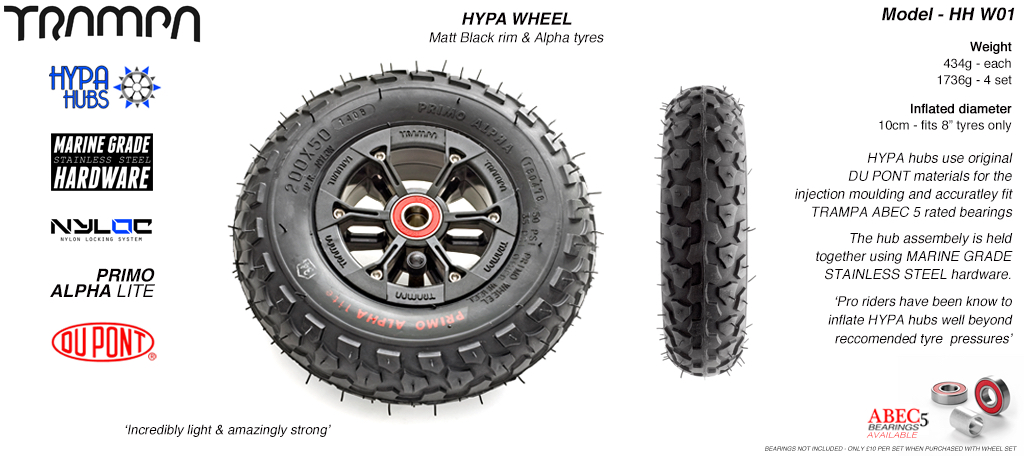 8 Inch Wheel - Matt Black Hypa Hub with Black Alpha 8 Inch Tyre