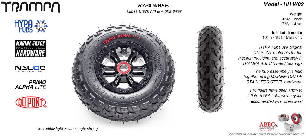8 Inch Wheel - Black Gloss Hypa Hub with Black Alpha 8 Inch Tyre