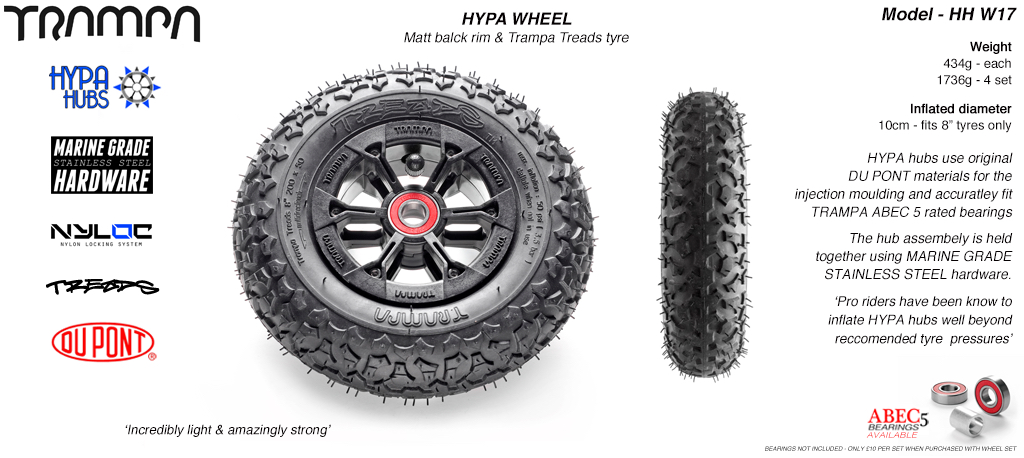 8 Inch Wheel - Matt Black Hypa Hub with Trampa Treads 8 Inch Tyre