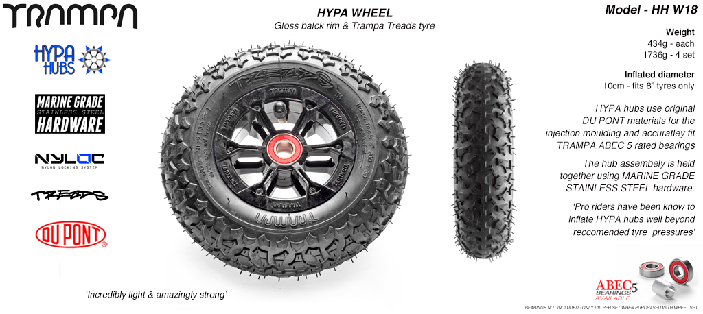 8 Inch Wheel - Black Gloss Hypa Hub with Trampa Treads 8 Inch Tyre 