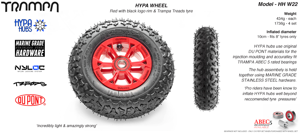 8 Inch Wheel - Red & Black logo Hypa Hub with Trampa Treads 8 Inch Tyre