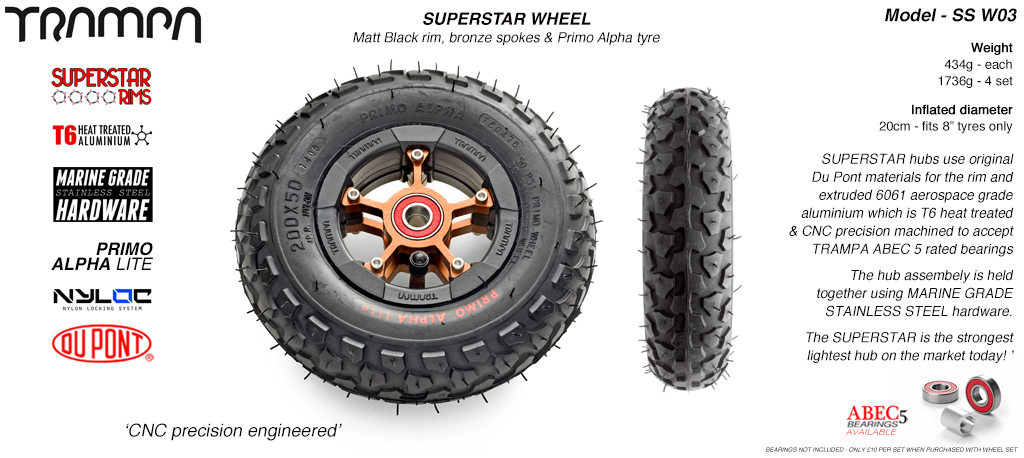 Superstar 8 inch wheel - Black Rim with Bronze Anodised spokes & Black Alpha 8 Inch Tyres