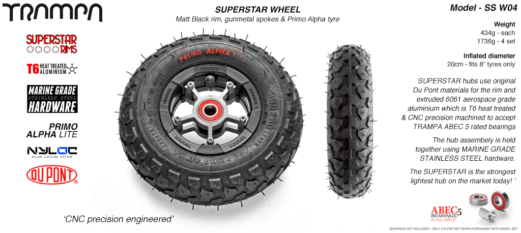 Superstar 8 inch wheel - Black Rim with Gunmetal Anodised spokes & Black Alpha 8 Inch Tyres