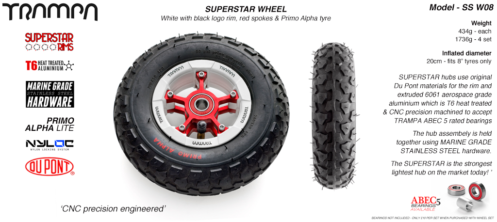 Superstar 8 inch wheel - White Gloss Rim with Red Anodised spokes & Black Alpha 8 Inch Tyres