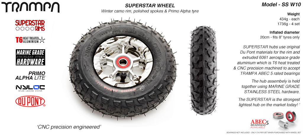 Superstar 8 inch wheel - Winter Camo Rim Silver Anodised spokes & Black Alpha 8 Inch Tyres